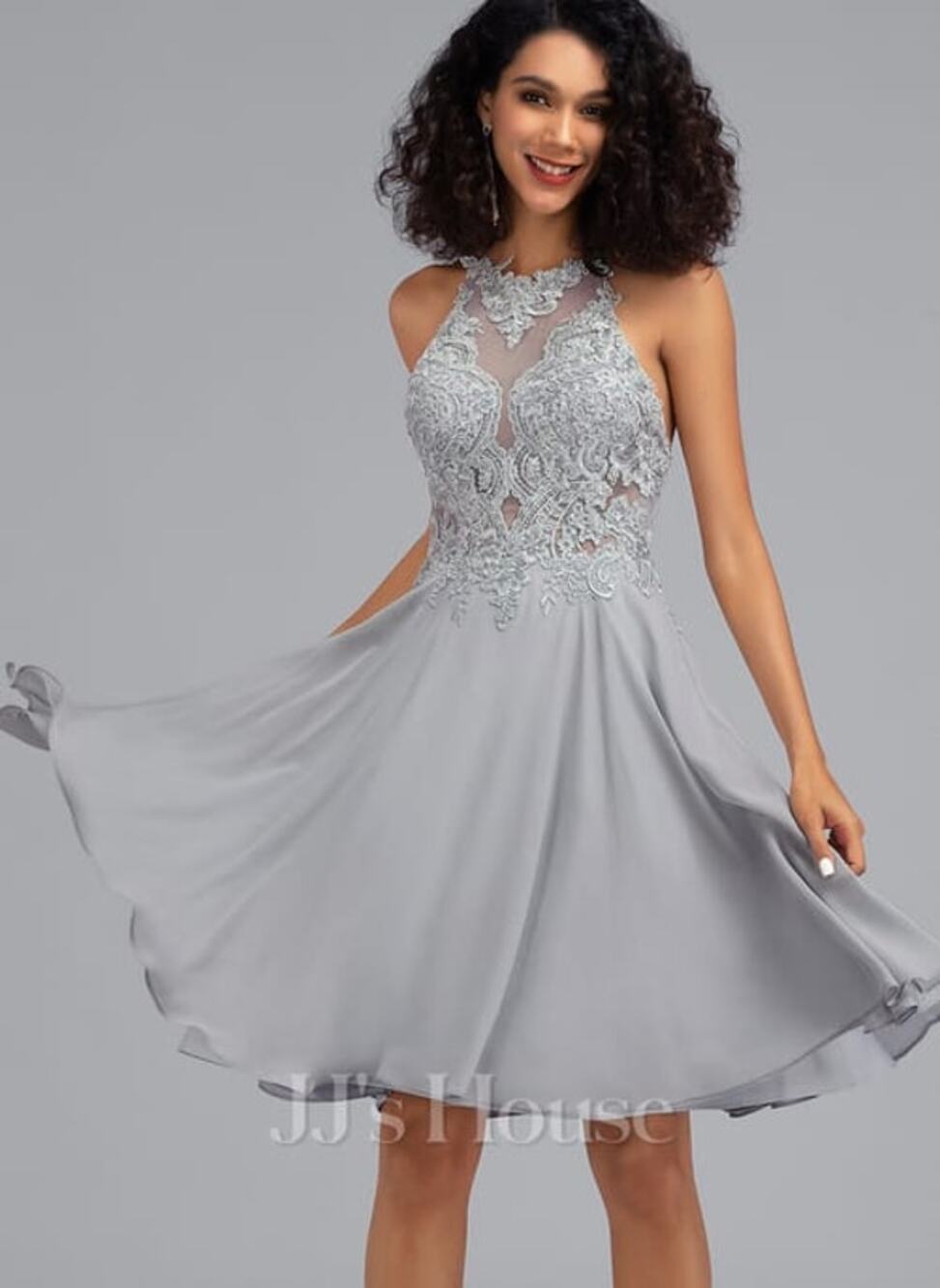 JJ's House NWT Lia Halter Chiffon Embroidered Sequin Lace Dress Gray Sz 8
